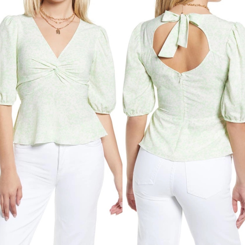 NEW Nordstrom Twist Front Tie‎ Back Top Green Hawn Texture Size XS Cutout Blouse